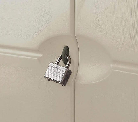 Close-up of a lock on the Compact Outdoor Resin Storage Shed With Floor For Home And Backyard Weather Resistant Small Footprint For Garden Tools Brooms And Ladders Cushions Pool Chemicals Toys Porch And Patio.