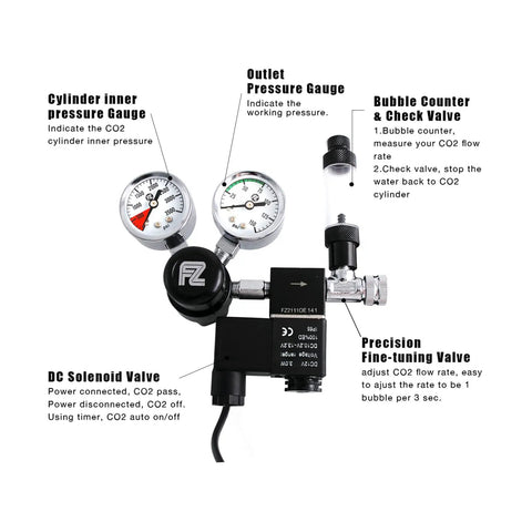 CO2 Regulator For Aquarium With DC Solenoid Bubble Counter And Check Valve Side Open Cylinder CGA320 DIY Plant Growth Setup