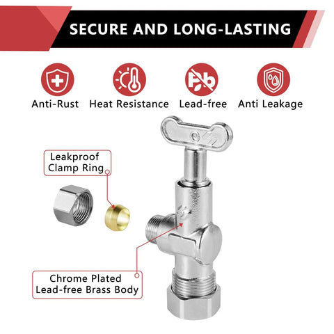 Bulk 100 Pack One Quarter Turn Angle Stop Valves With Loose Control Key DIY Friendly For Home Plumbing One Half Inch Compression To Three Eighth Inch OD For Bathroom Toilet Kitchen Shower Lead Material chrome-plated brass valve with leakproof clamp ring