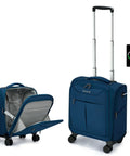 Blue Ultra Lightweight 16 Inch Underseat Carry On Luggage with 360 Degree Spinner Wheels, extends handle, USB port charging a phone.