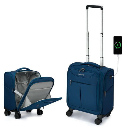 Blue Ultra Lightweight 16 Inch Underseat Carry On Luggage with 360 Degree Spinner Wheels, extends handle, USB port charging a phone.