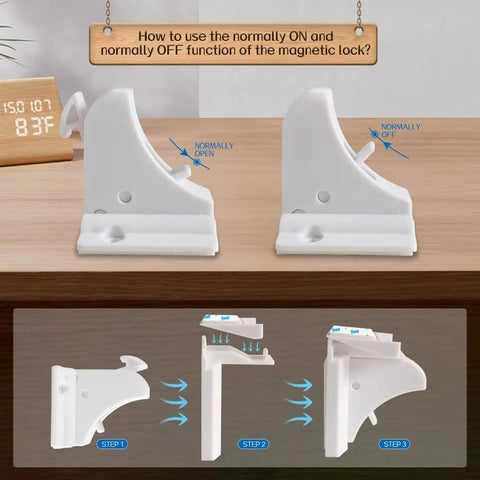 Diagram showing Invisible Magnetic Cabinet Locks For Child Safety, 20 Pack With 4 Keys, installation process with two modes.