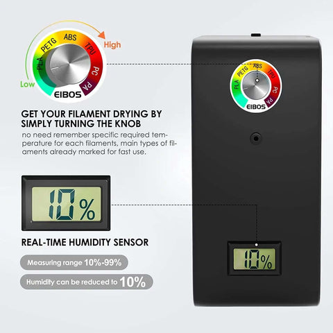 3D Printer Filament Dryer Box with fan, adjustable temperature and humidity control display, spool holder, keeps filament dry.
