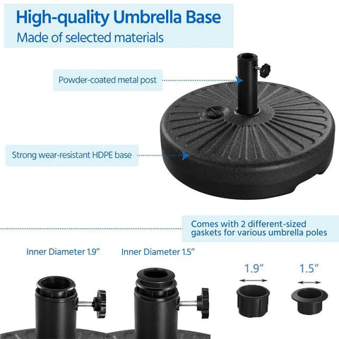 Rock Solid Heavy Duty Round Umbrella Base 85.7 Pound Water And Sand Filled Patio Stand With Steel Holder details and features