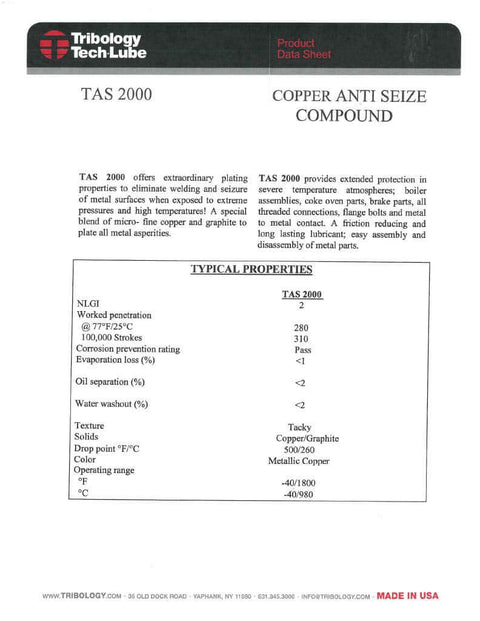 Copper anti-seize lubricant data sheet for industrial use, highlighting protection and properties, by Tribology Tech Lube.