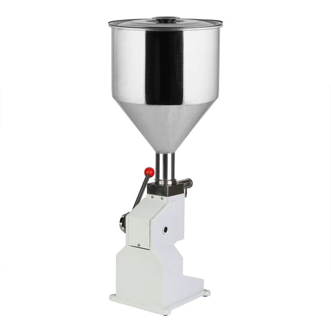Manual Paste And Liquid Filler Machine A03 with 10L hopper and adjustable bottle filler, for filling paste, cream, and liquids.