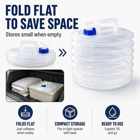 Foldable Water Container With Spigot For Camping And Hiking, Portable Collapsible Water Jug shown folded for compact storage