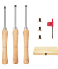 Grab This Killer Mini Carbide Wood Lathe Turning Tool Set Featuring Rust Resistant Stainless Cutters And Solid Beech Handles For Zero Stress Craftsmanship While Keeping Your Setup Neat In A Snazzy Wooden Box. Three tools with beech handles and toolkit accessories.