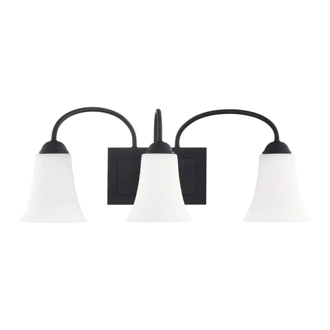 Ridgedale 3 Light Bath Vanity Fixture in Matte Black finish with three opal glass shades, Transitional Design 23.5 x 7.5 x 9 inches
