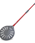 TKC 9-inch perforated pizza peel, red aluminum long-handle pizza turner with gray perforated paddle, front view
