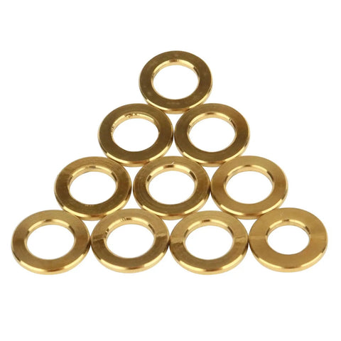 Gotta Have These Slick Gold Titanium Flat Washers M5 Size 10 Pack Heavy Duty Bicycle Hardware showing ten flat washers in a pyramid shape.