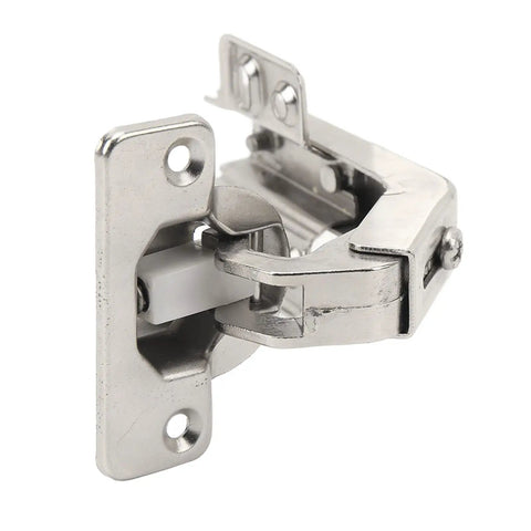 Close-up of 135 Degree Corner Folding Door Hinge for Concealed Cabinets soft close, 3 way adjustment, heavy-duty steel hinge.