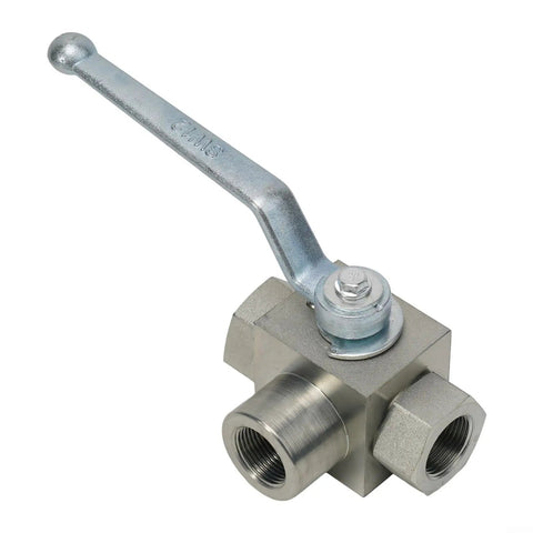 Three Way High Pressure Ball Valve Carbon Steel Manual Tee With BSP Thread Water Oil Gas Systems 500 Bar Working Pressure G1/4 To G3/4 Size Durable Hydraulic Valve For Industrial Use, manual lever view