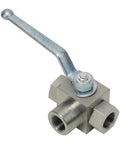 Three Way High Pressure Ball Valve Carbon Steel Manual Tee With BSP Thread Water Oil Gas Systems 500 Bar Working Pressure G1/4 To G3/4 Size Durable Hydraulic Valve For Industrial Use, angled view