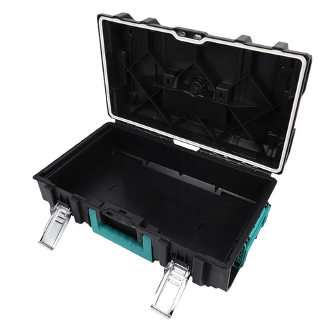 No Sweat Stackable Toolbox With Secure Latch And Custom Gear Sorting Tray Setup open showing interior space for organizing tools.
