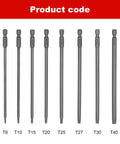 Top Shelf Eight Piece Long Torx Security Screwdriver Bits Set Built Tough With S2 Steel Blades showing T8 to T40 profiles.
