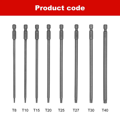 Top Shelf Eight Piece Long Torx Security Screwdriver Bits Set Built Tough With S2 Steel Blades showing T8 to T40 profiles.