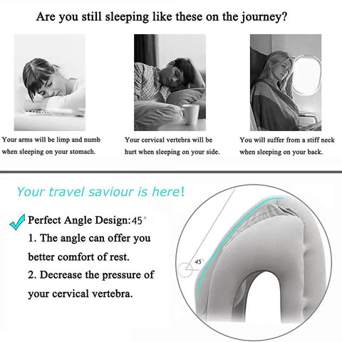 Diagram showing ergonomic design of inflatable travel pillow for neck support