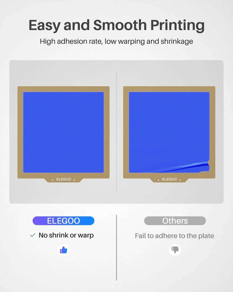 Comparison of 3D printing adhesion between ELEGOO and other brands, showing no shrink or warp with ELEGOO.
