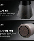 Close-up of vacuum coffee bean storage container showing anti-tip thickened bottom and anti-slip ring for stability.