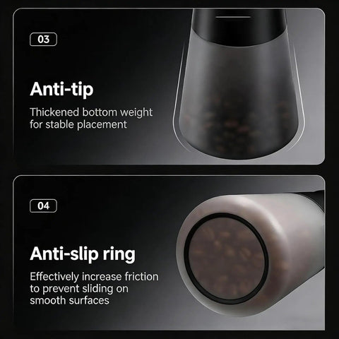 Close-up of vacuum coffee bean storage container showing anti-tip thickened bottom and anti-slip ring for stability.