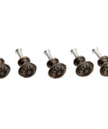 Five Pack Antique Brass Tiny Round Cabinet Knobs For Drawers And Cabinets, 17x15mm Iron Drawer Pulls With M4x25mm Screws, Vintage Style Hardware With Anti Rust Finish, Durable Mini Round Knob Handles on white background