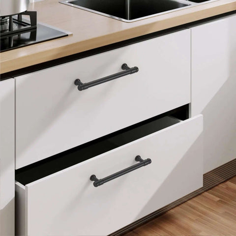 Score These Knockout Matte Black Cabinet Pulls And Drawer Handles For Updating Your Kitchen Or Bath Setup With Dependable Five Inch Center Spacing For Easy Install on white drawers.