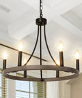 Wagon Wheel Chandelier For Dining Room, 6 Light Farmhouse Pendant With Wood Grain Finish, Rustic Black Metal Round Light Fixture