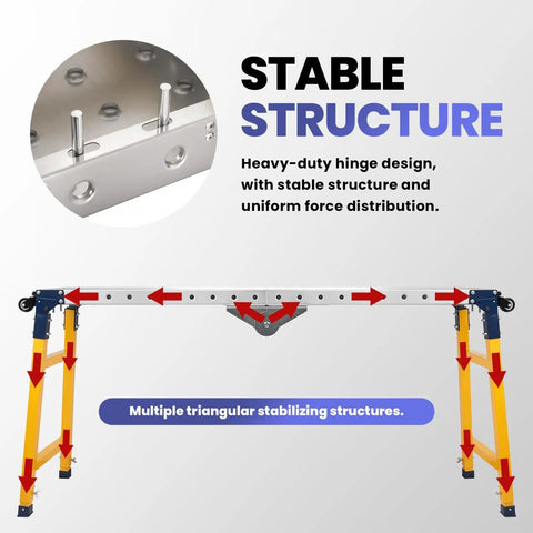 Close-up of the heavy-duty hinge design on the Heavy Duty Portable Welding Table And Folding Scaffolding Platform With Four Smooth Rollers.