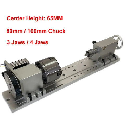 Beefed Up 4 Axis Cnc Rotary A Axis Indexing Head Featuring Rock Solid Nema23 Motor Precision And Snappy Swappable 80 100 Mm 3 4 Jaw Chucks For Dope Engraving Workflows With Mounting Base, showing 65mm center height and components.