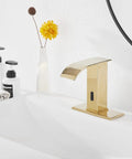 Automatic Sensor Touchless Bathroom Sink Faucet In Polished Gold With Drain Assembly And Vanity Mount Hands Free Waterfall Tap Temperature Mixer Control Box Hot And Cold Hoses with sensor view