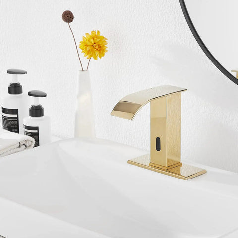 Automatic Sensor Touchless Bathroom Sink Faucet In Polished Gold With Drain Assembly And Vanity Mount Hands Free Waterfall Tap Temperature Mixer Control Box Hot And Cold Hoses with sensor view