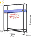 Heavy Duty Commercial Roll Storage Rack With Wheels, dimensions shown, holds vinyl leather wallpaper window film, durable steel frame.