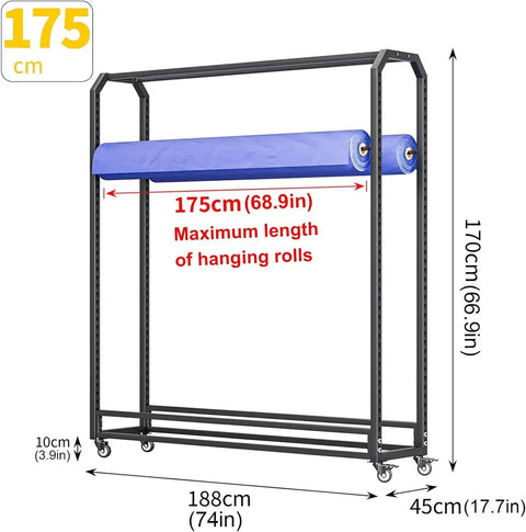 Heavy Duty Commercial Roll Storage Rack With Wheels, dimensions shown, holds vinyl leather wallpaper window film, durable steel frame.