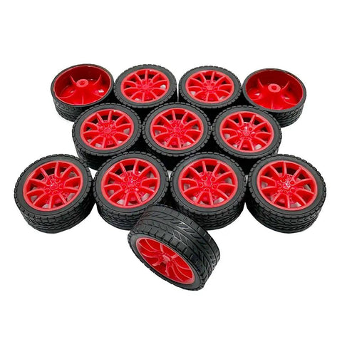 Top view of 12 PCS RC Car Wheels Set 30mm Rubber Tires With 6 Round Axles 2mm Shaft And 100mm Length Red for DIY projects