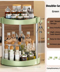 Two Tier 360 Degree Rotating Lazy Susan Spice Rack Organizer in green with guard rails and spices, extra large 10-inch turntable.