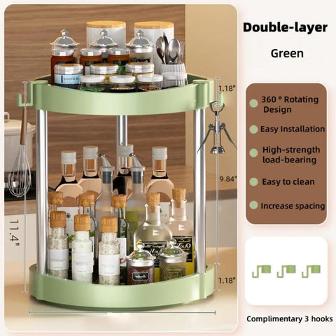 Two Tier 360 Degree Rotating Lazy Susan Spice Rack Organizer in green with guard rails and spices, extra large 10-inch turntable.