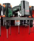 Magnetic Power Tool Organizer Rack For Cordless Drill Screwdrivers And Heavy Tools Gotta Have Wall Mount Metal Tool Holder Shelf For Garage Workshop Warehouse Toolbox mounted on wall with tools