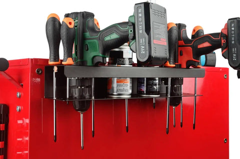 Magnetic Power Tool Organizer Rack For Cordless Drill Screwdrivers And Heavy Tools Gotta Have Wall Mount Metal Tool Holder Shelf For Garage Workshop Warehouse Toolbox mounted on wall with tools