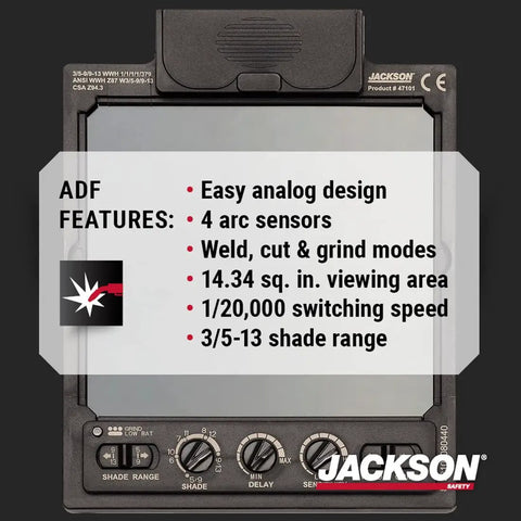 Premium Graphic Auto Darkening Welding Hood With ADF controls panel showing features like easy analog design and 4 arc sensors.