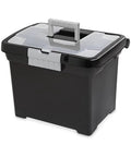 Heavy Duty Painters Utility Cart Featuring Plug And Play Setup And Five Gallon Bucket Holder Built Like A Tank For Rough Job Site Grind And Smooth Rolling, black toolbox with handle and lid.