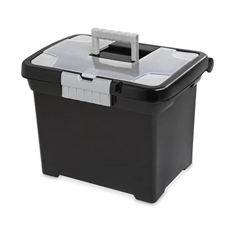 Heavy Duty Painters Utility Cart Featuring Plug And Play Setup And Five Gallon Bucket Holder Built Like A Tank For Rough Job Site Grind And Smooth Rolling, black toolbox with handle and lid.