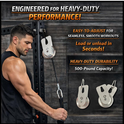 Man using Quick-Load Fitness Pulley Sheave For Home Gym Boss-Level Heavy-Duty 500 Lb Capacity with easy cable management.