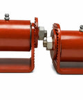 3.5-Inch Adjustable Roller Cage Hinges Heavy Duty Built Like a Tank with Grease Fitting for Easy Maintenance and Smooth Action Rated to Handle a Hefty 1000 Lbs per Pair Industrial Toughness 2 Unit Pack showing side view of red metal hinges.