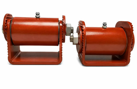 3.5-Inch Adjustable Roller Cage Hinges Heavy Duty Built Like a Tank with Grease Fitting for Easy Maintenance and Smooth Action Rated to Handle a Hefty 1000 Lbs per Pair Industrial Toughness 2 Unit Pack showing side view of red metal hinges.