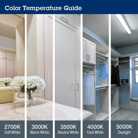 Color temperature guide with 2700K, 3000K, 3500K, 4000K, 5000K lighting for 24 Inch MVOLT Vanity Light Fixture With Cylinder Shade.