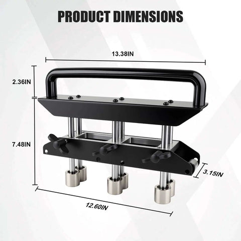 Pro Grade Three Station Edge Roller Bender dimensions showing 13.38in length, 12.60in width, and 7.48in height with three adjustable rollers.