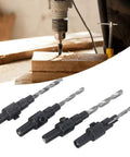 Adjustable Countersink Drill Bit Set For Woodworking - Four Piece Kit With Sizes 6 8 10 12 and Wrench, Quickly Replaceable Bits visible