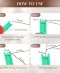 Four steps showing use of Automatic Needle Threader 3 Pack For Sewing Machines, Plastic Quick Threaders in green.