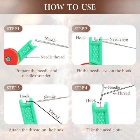 Four steps showing use of Automatic Needle Threader 3 Pack For Sewing Machines, Plastic Quick Threaders in green.